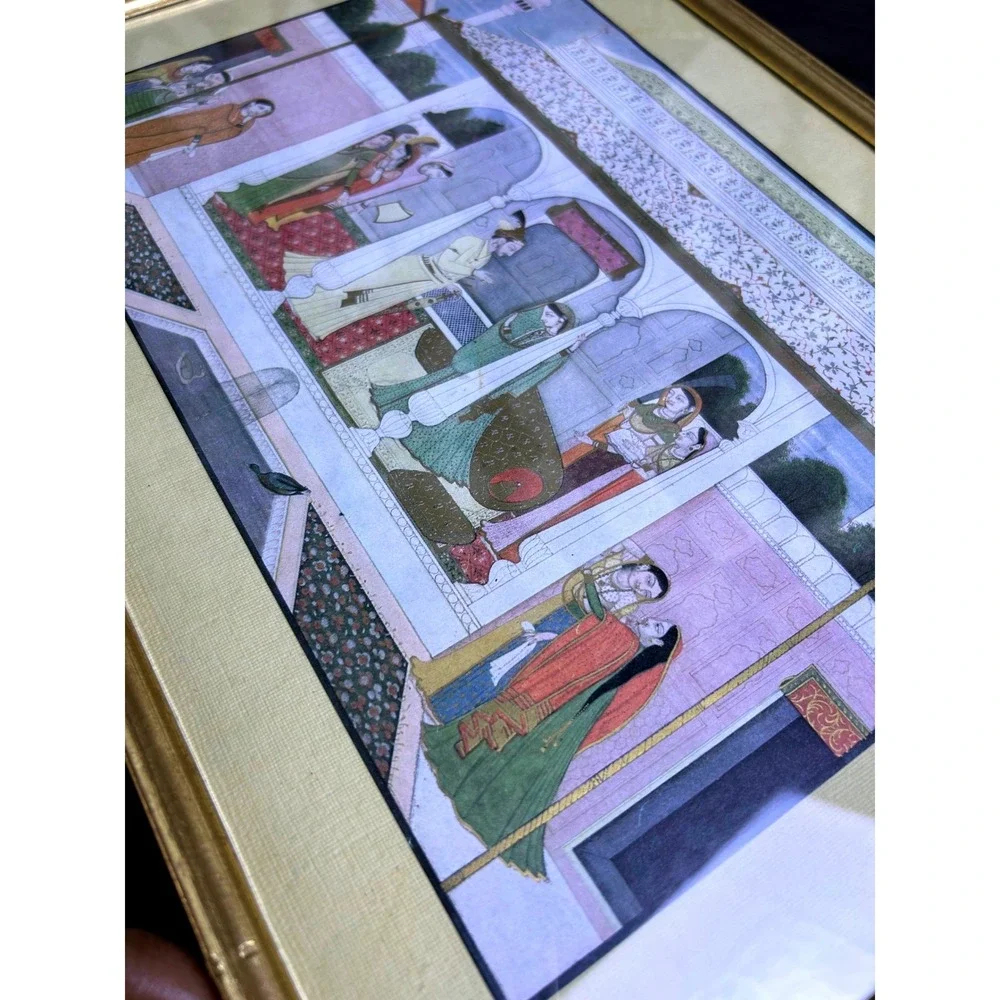 Vintage Framed Indian Nala and Damayanti Mahabharata Print Palace Scene Wall Art